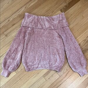 Sweater Top Woman’s Small Blush Pink Off-the-Shoulder Ribbed Soft Balloon Sleeve